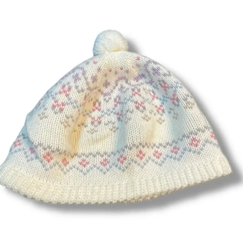 Hansen Vintage Knit Beanie Made in USA Pom Hat Ski Snow Pastel Blue Purple Gift